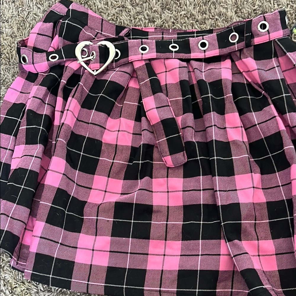 Plaid Pink and Black Skirt with Heart Buckle